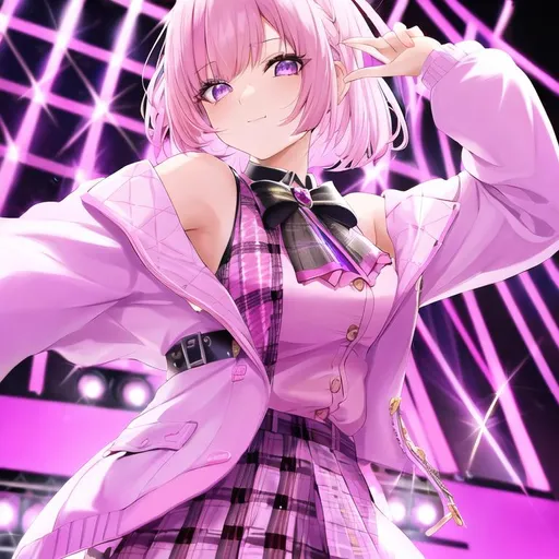 Prompt: A young, petite idol girl of an average build. She has short pink hair cut slightly above her shoulders with her bangs swept to the side and lavender eyes. On stage, she wears a houndstooth-patterned jacket with yellow, black and purple accents. She has a bee-shaped brooch pinned on the left side of the jacket. Underneath her jacket, she wears a black shirt with a white honeycomb logo. She wears black pants with white and yellow stripes and a white honeycomb pattern running down on the side of her pants, fastened by a golden chain around her waist. She wears black loafers with the toe, sole, heel and metal strap colored yellow. For accessories, she wears a stinger-like necklace, two bracelets on her left hand, and one ring on her left thumb. 
