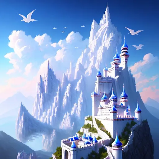 Prompt: amazing white castle on a mountain, float city in the sky, dragons flying in background, etheral, stunning, royal vibe, highly detailed, digital painting, Trending on artstation , HD quality, tan skin,artgerm,  by Ilya Kuvshinov 