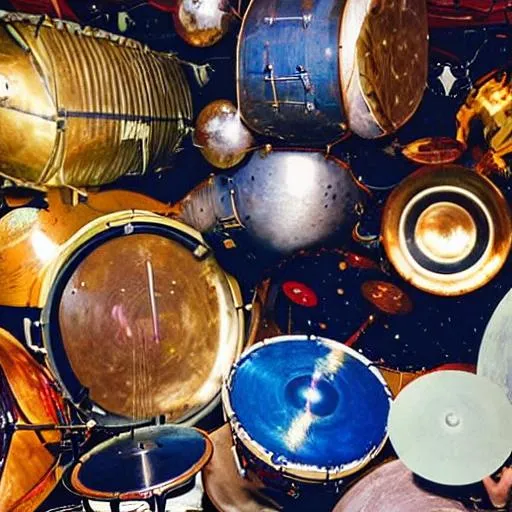 Prompt: a mountain of drums and cymbals  floating in outer space