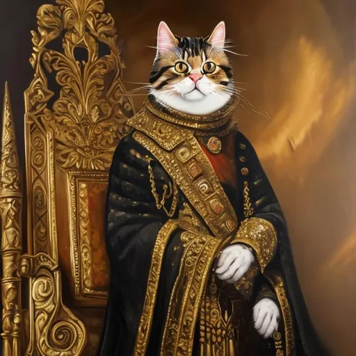 Prompt: An oil painting of a cat dressed as a king