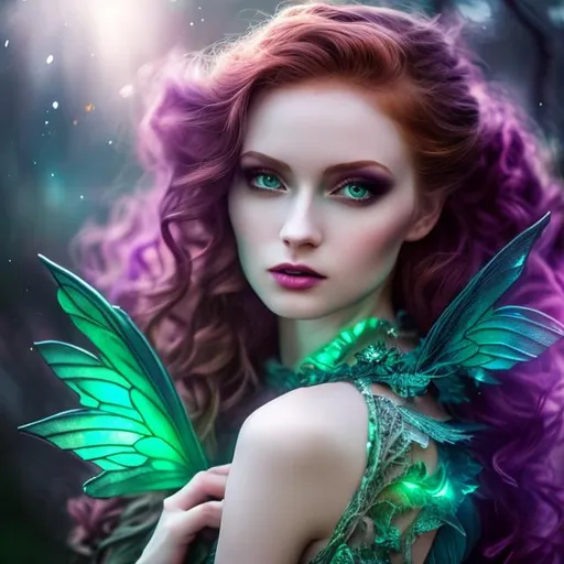 Prompt: HD, 4K, 3D, Stunning, magic, cinematic gothic fairy, ethereal green wings, fairy queen,gothic enchanted, light contrast, long, curly redhead hair, lovely, romantic, tender, purple light, sunstrails, perfect female beauty, intricate, pale traslucent skin, magic, ethereal, golden ratio, look in camera, gorgeous body, gorgeous eyes