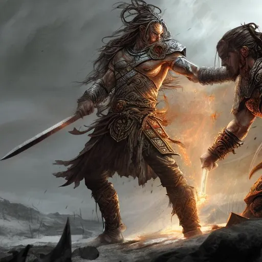 Prompt: Elden Ring warrior killing a god