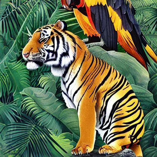 Prompt: A black and gold tiger in a jungle next to a scarlet macaw