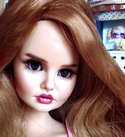 Prompt: Debby Ryan turned into a porcelain doll. Jn a doll box on a shelf. Up close photo.