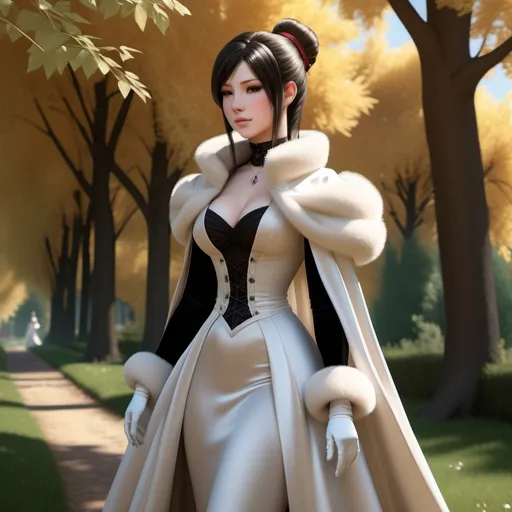 Prompt: (realistic Tifa), (elegant satin Victorian gown), hair in a victorian bun, (silk fur-lined cloak), long elegant silk gloves, stroll in a picturesque setting, serene daytime atmosphere, warm sunlight filtering through trees, delicate details of the gown's fabric reflecting light, high-quality textures, soft breeze gently rustling the cloak, tranquil ambiance, (4K ultra-detailed), emphasizing grace and poise.