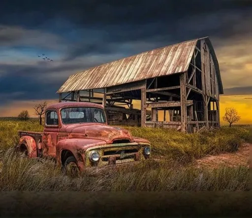 Prompt: Barn with vintage truck. Hay bale 