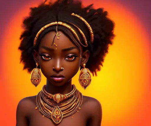 Prompt: 8K UHD, Incredibly beautiful African girl model with nose ring. With big bright rich jewelry. very detailed, wonderful perfect eyes, very detailed, clear, warm cinematic lighting, perfect contrast.Orange gradient background.