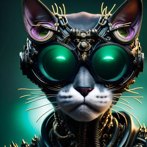 Prompt: portrait of a anthro "Punk Cat" with big Funky Eyewear, intricate, elegant, hyperdetailed, cybernetic, digital painting, artstation, concept art, biomechanical, sharp focus, illustration, greg rutkowski, anthropomorphic, fractal details in big green cat eyes, very striking, WLOP, Artgerm, ray tracing , DSLR, HDR