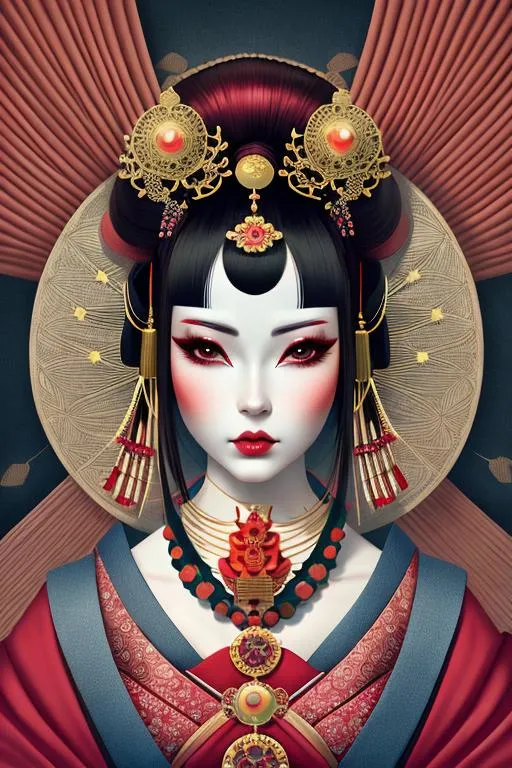 Prompt: **a portrait of a woman fully body symmetrical, geisha, coralpunk, by Natalie Shau --ar 2:3 