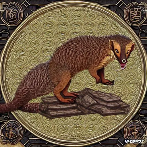 Prompt: Insanely Detailed Mongoose Japanese Mon, On a black Sash, Brown and Dark Green Colors, Intricately Detailed, Hyperdetailed, Legend of the Five Rings, Hyperrealistic, 4K, 8K resolution, 3D shading, beautiful, Asian Aesthetic, L5R, Anciant Japanese