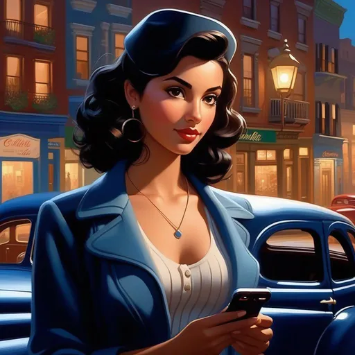 Prompt: Third person, gameplay, Italian-American girl, olive skin, black hair, brown eyes, 1940s, smartphone, streets of Little Italy, New York at night, fog, blue atmosphere, cartoony style, extremely detailed painting by Greg Rutkowski and by Henry Justice Ford and by Steve Henderson 


