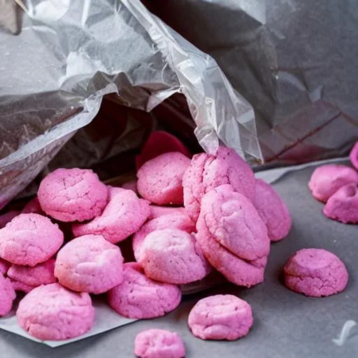 Prompt: pink cookies in a plastic bag being crushed by buildings