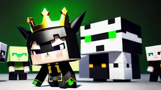 Prompt: Ranboo, Enderman, minecraft, dreamsmp, dsmp, half white, half black, green and red, green eyes, red eyes, green and red eyes, black suit, suit, black hair, yellow crown, crown, horns, black horn, white horn, black and white horns