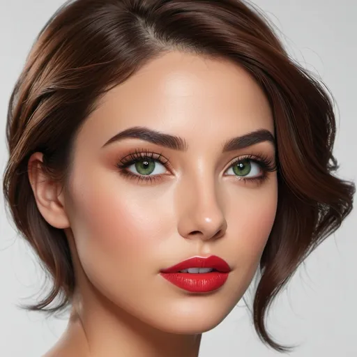 Prompt: Hyper-detailed, hyper-realistic, photorealistic composite face, heart-shaped head, almond-shaped green eyes, slim nose, arched eyebrows, mid-back dark, wavy, auburn hair with volume, 1980's styled, youthful, tanned complexion, Full lips with red lipstick, minimal eye shadow, Side view (Profile)
 symmetrical, best quality, highres, ultra-detailed, photorealistic, detailed eyes, professional, realistic lighting