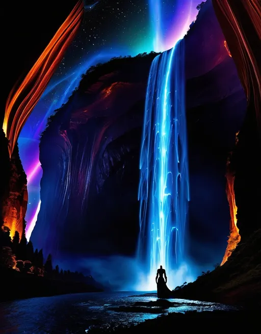 Prompt: An awe-inspiring alien landscape on the planet Vyrathis, centered around a colossal, otherworldly waterfall. The water is a black luminous fluid (liquid light:2.0), flowing powerfully over the cliff’s edge in dynamic, fluid motion. The inky black stream shimmers with faint, iridescent highlights, glowing faintly as it cascades downward (hypnotic luminescence, glowing currents:1.9). Twisting eddies and spiraling waves form as the liquid crashes into sharp, jagged obsidian rocks below (explosive mist, glowing black froth:1.8). The black liquid reflects the haunting glow of the dark sun (shadowy hues, radiant darkness:1.9), casting intricate patterns of light and shadow across the scene.
The cliffs and banks are adorned with bioluminescent flora (alien plant species, glowing with vibrant dark hues:2.0), emitting radiant colors such as electric blues, neon greens, fiery oranges, and deep purples. These plants glow softly, their light pulsating like a heartbeat, and their translucent leaves and tendrils sway gently, echoing the motion of the waterfall. Some vines and flowers cascade down the cliff face, intertwining with the black, luminous liquid, creating a mesmerizing contrast between glowing colors and shimmering darkness.
The alien fauna are sleek and ethereal, with glowing, bioluminescent patterns etched into their dark forms. Some creatures cautiously drink from the calmer black pools downstream (vivid reflections on liquid light:1.8), while others leap gracefully between glowing rocks or hover on faintly glowing wings (surreal, weightless motion:1.5). Their melodic, echoing calls harmonize with the roar of the waterfall, adding life and mystery to the landscape.
Behind the waterfall, a mysterious cave glows faintly (hidden chamber, radiant depths:1.9), partially obscured by the cascading black fluid. Its light shifts and pulsates like a living thing, hinting at ancient, otherworldly secrets hidden within. The composition is alive with dynamic motion, vivid contrasts of light and shadow, and the surreal beauty of liquid light flowing through an alien world, capturing the majesty, mystery, and scale of Vyrathis.