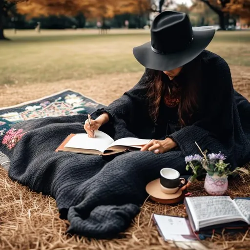 Prompt: Black lady writing a book, with big hat, Covered face from hat. while sitting on  blanket in the 
park