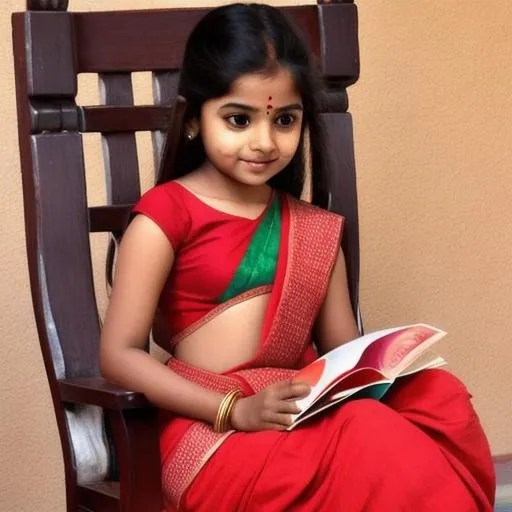 Prompt: A cute indian girl wearing a red saree is sitting on a chair with a cup of tea and a story book waiting for someone