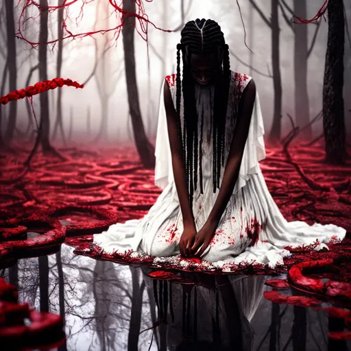 Prompt: Beautiful crying black blood bleeding braids  Woman blood braids wearing blood-stained white dress, sitting in a puddle of blood, crying ,sad, in a blood bleeding forest background,natural lighting, hyper detailed 

