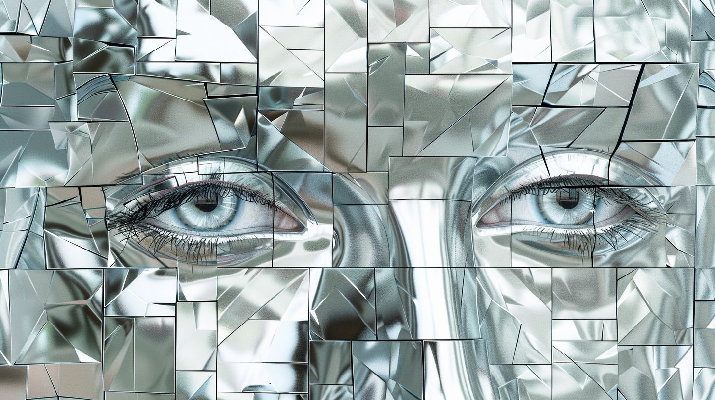 Prompt: A face made of geometric shapes, silver and white, a beautiful woman's eyes, symmetrical composition, hyperrealistic, high resolution, large format camera, front view, with a mirror texture on the surface. The background is a wall composed entirely from squares. It has reflective surfaces that enhance its metallic sheen. This creates an abstract art piece with sharp edges and reflections, creating depth in every detail.