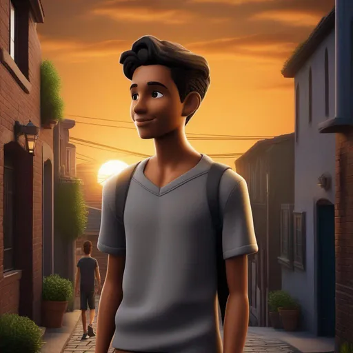 Prompt: Pinocchio lie tall nose, on brown skin person, small eyes, standing in an old neighborhood alley, sunset wether, 20 years old guy, wearing gray T shirt, photorealistic, tall, normal hair