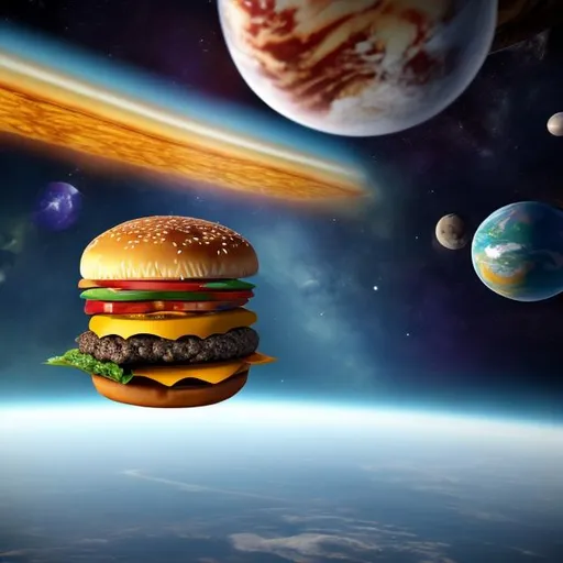 Prompt: Triple cheeseburger floating above the earth in space. UFO'S floating around in the background. Stars, planets, comets and asteroids.