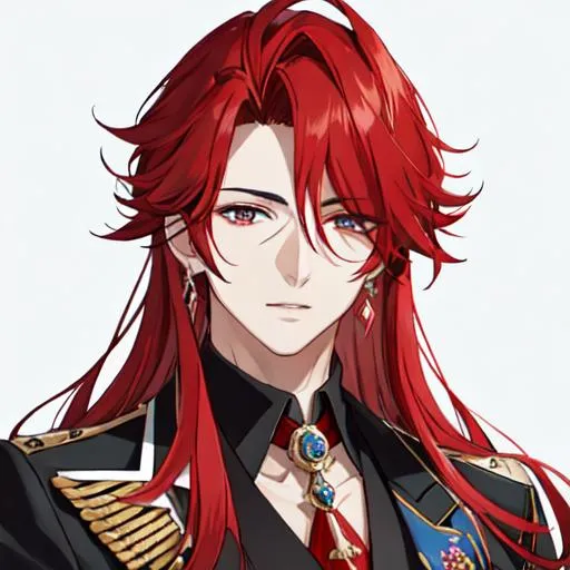 Prompt: Zerif 1male (Red side-swept hair covering his right eye) wearing a royal suit