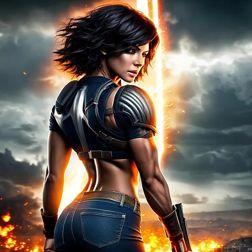 Prompt: very short hair, photorealistic, beautiful woman with muscles, full body, androgynous beautiful face, extreme energy bursting forth, ideal proportions, epic, slightly monstrous, apocalyptic war, dimensional storm