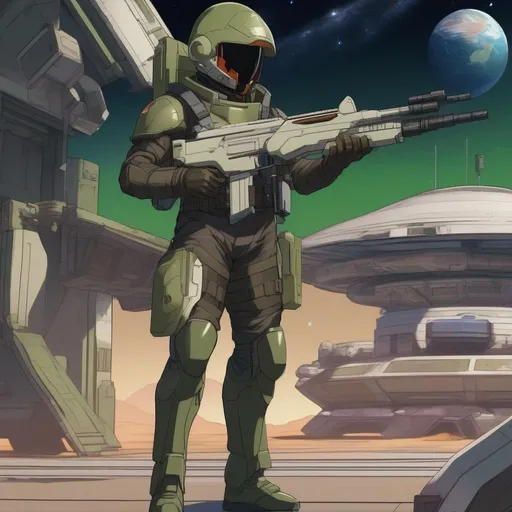 Prompt: Seen from distance. Whole body. Full figure. An african scifi soldier in olive green armor. He has a judge dread helmet. In background earth from the space. 
He wields a rifle. In background a scifi station in space. Anime. Rpg art. Akira art. 2d art. 2d. 