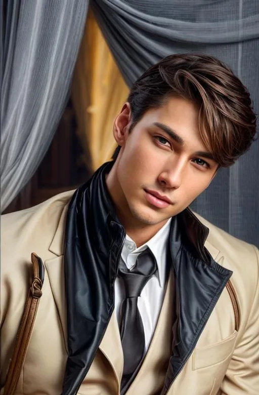 Prompt: Make him look like realistic handsome man.elegant beautiful features. Dreamy. Art by artgerm and Daniel gerhartz. very handsome face, beautiful eyes