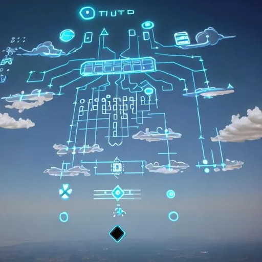 Prompt: Logic gate symbols floating in the sky.  Inputs of the logic gates are connected to humans on the ground. 