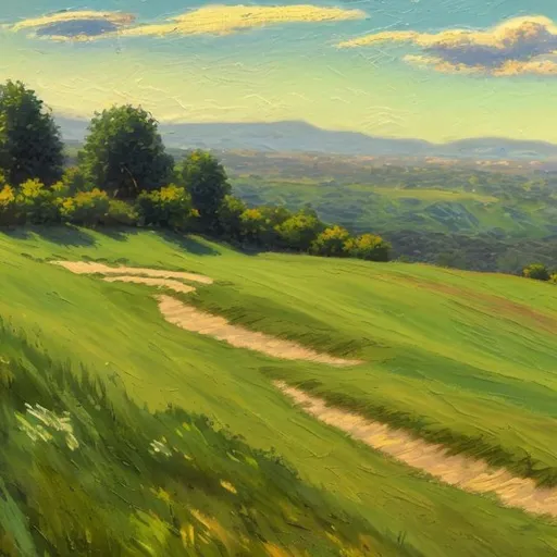 Prompt: grassy green hill with a wide trail painted in a light, airy impressionist style