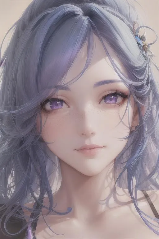 Prompt: A close-up photo and detailed portrait of a stunning blue-haired girl's face. in hyperrealistic detail. The gorgeous girl's face is the center of attention, with a sense of youthful radiance and vitality that draws the viewer in. The detailing of the girl's face is stunning, with every pore, freckle, and curve rendered in vivid detail. Her purple eyes are piercing and mesmerizing, with a sense of inner wildness and passion that suggests a deep connection to her inner spirit. The unique blue hue of her hair is rendered with exquisite detail, with each strand of hair carefully rendered to show the vivid and rich color. Her skin is smooth and flawless, with a beautiful and youthful complexion that accentuates her position as a woman of great beauty and inner light. The overall composition is stunning and evocative, capturing the girl's beauty, wildness, and inner light in a single majestic image. highly detailed concept art, high resolution scan, hd octane render, cinematic light, intricate detailed, highly detailed face, unreal engine, trending on artstation, UHD, 8k, Very detailed