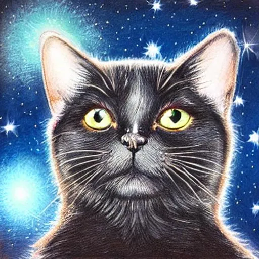 Prompt: cat looking up at the starry sky art realistic cute black cat