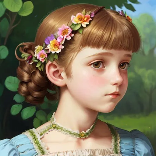 Prompt: a young girl wearing a victorian dress , several flowers in her hair, facial closeup