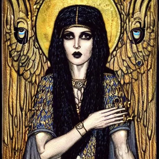 Prompt: Ishtar Queen of Heaven ancient Babylonian goddess invoked through a dark haired wandering witch astarte inanna art by ed repka  in the woods masterpiece art by Dante Gabriel Rossetti black metal aesthetic portrait sharp focus  giger  chaos magick 