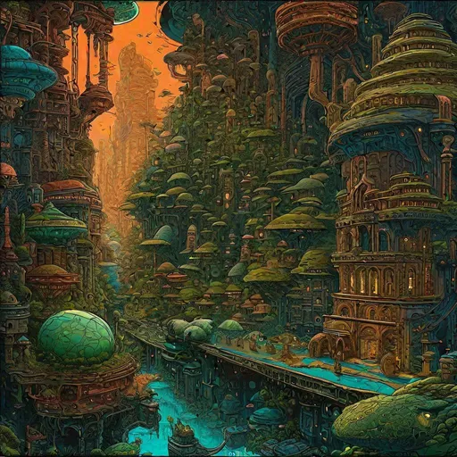 Prompt: ((In the style of Guillermo del Toro)), ((cinematic masterpiece)), ((vibrant and surreal)), ((epic scale)), ((meticulously detailed)), ((lush and atmospheric)), ((dystopian)), ((otherworldly)), ((creative creature design)), Skibidi Toilets come to life in a post-apocalyptic world, where these enchanted fixtures possess magical properties. Giant, sparkling toilets with whimsical patterns rise from the ruins, emitting a faint, ethereal glow. In the backdrop, a foreboding sky textured with remnants of ancient civilizations looms above. Warriors and rebels traverse this desolate landscape, embarking on a quest to harness the power of the Skibidi Toilets and restore balance to their broken world.