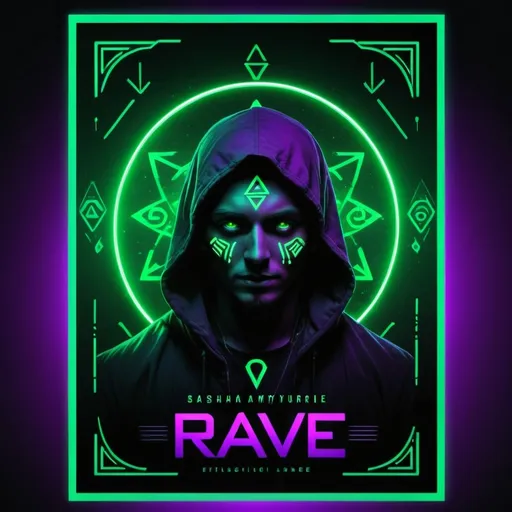 Prompt: Create a rave poster with a dark, energetic atmosphere using glowing green, purple, and black colors. Incorporate ancient runes or mystical symbols that appear to be glowing with energy. Include shadowy figures or 'shadow people' in the design, blending into the background or emerging from the darkness, adding a mysterious and eerie vibe to the poster. The overall look should feel futuristic, intense, and full of energy, with a strong neon effect to emphasize the rave theme."