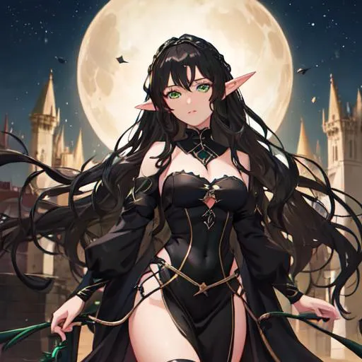 Prompt: Medieval gothic elf anime girl with brownish black wavy hair, green eyes, and in black clothes nighttime