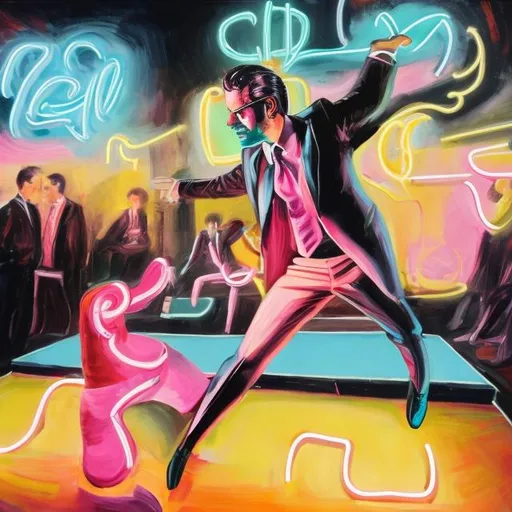 Prompt: an oil painting of a businessman in a black suit in the club dancing in pink neon lights