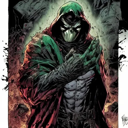 Prompt: Todd McFarlane. The Phantom and dr doom variant. muscular. dark gritty with some colour. Bloody. Hurt. Damaged. Accurate. realistic. evil eyes. Slow exposure. Detailed. Dirty. Dark and gritty. Post-apocalyptic. Shadows. Sinister. Intense. 