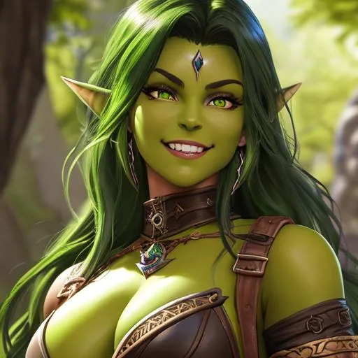 Prompt: oil painting, D&D fantasy, green-skinned-orc girl, green-skinned-female, toned muscle, beautiful, short dark brown hair, wavy hair, smiling, pointed ears, fangs, looking at the viewer, barbarian wearing intricate adventurer outfit, #3238, UHD, hd , 8k eyes, detailed face, big anime dreamy eyes, 8k eyes, intricate details, insanely detailed, masterpiece, cinematic lighting, 8k, complementary colors, golden ratio, octane render, volumetric lighting, unreal 5, artwork, concept art, cover, top model, light on hair colorful glamourous hyperdetailed medieval city background, intricate hyperdetailed breathtaking colorful glamorous scenic view landscape, ultra-fine details, hyper-focused, deep colors, dramatic lighting, ambient lighting god rays, flowers, garden | by sakimi chan, artgerm, wlop, pixiv, tumblr, instagram, deviantart