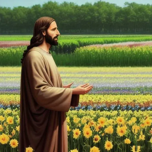 Prompt: Lord Jesus speaks to the people in flower field