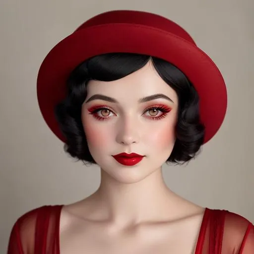 Prompt: a pretty girl  dressed in red, wearing a  large red hat 1920's era, bob hair cut, 1950's era makeup, facial closeup