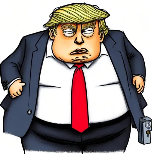 Prompt: 
Trump-Cartoon:  one frightened obese Trump getting arrested, in too long red tie and darkblue suit, handcuffs, black-haired FBI with blue tie, Simpson style