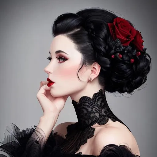Prompt: Beautiful woman portrait wearing a black evening gown,  black hair, dark eyes, carmine lips, ruby jewelry, elaborate updo hairstyle adorned with flowers