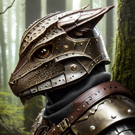 Prompt: portrait of a (dragonborn Ranger hunting ),wearing basic leather armor with rustic camouflage details including leaves.  , Forest background, D&D setting, perfect composition, hyperrealistic, super detailed, 8k, high quality, trending art, trending on artstation, sharp focus, studio photo, intricate details, highly detailed, by greg rutkowski and alphonse mucha