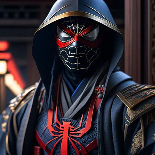 Prompt: Portrait of {Ninja spiderman} in  {edo era Japan}, perfect composition, hyperrealistic, super detailed, 8k, high quality, trending art, trending on artstation, sharp focus, studio photo, intricate details, highly detailed,happy face, by greg rutkowski