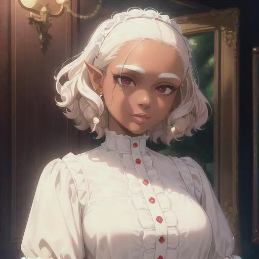 Prompt: (masterpiece, illustration, best quality:1.2), brown skin, soft face, detailed eyes, Victorian style, very short curly white hair, devilish like white eyes, wearing white nightgown, best quality face, best quality, best quality skin, best quality eyes, best quality lips, ultra-detailed eyes, ultra-detailed hair, ultra-detailed, illustration, colorful, soft glow, 1 girl