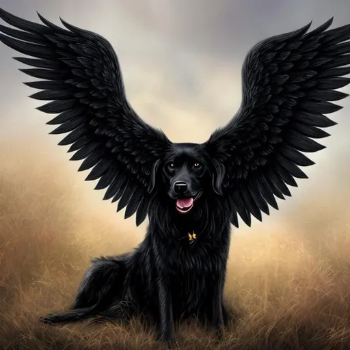 Prompt: Black winged dog angel