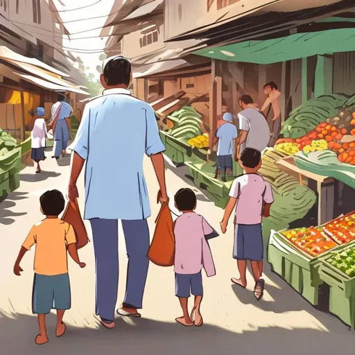 Prompt: book illustration of father walking with kids in market ready to go to local market with cloth bag, soft, indoor, with pastel colors 